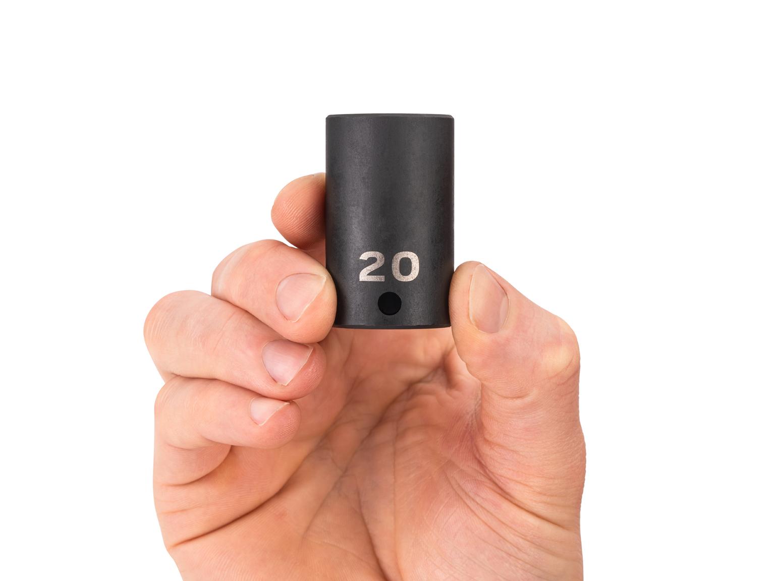 Person holding Tekton 20 millimeter impact drive 6-point socket. Item #SID14120