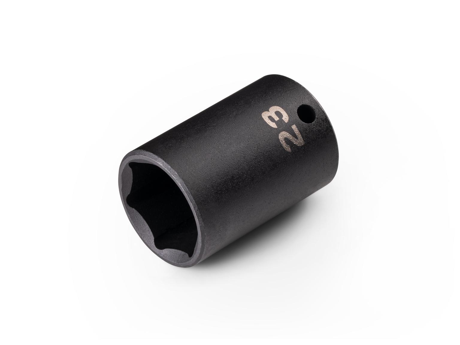 Front-right angle view of Tekton 23 millimeter impact drive 6-point socket. Item #SID14123