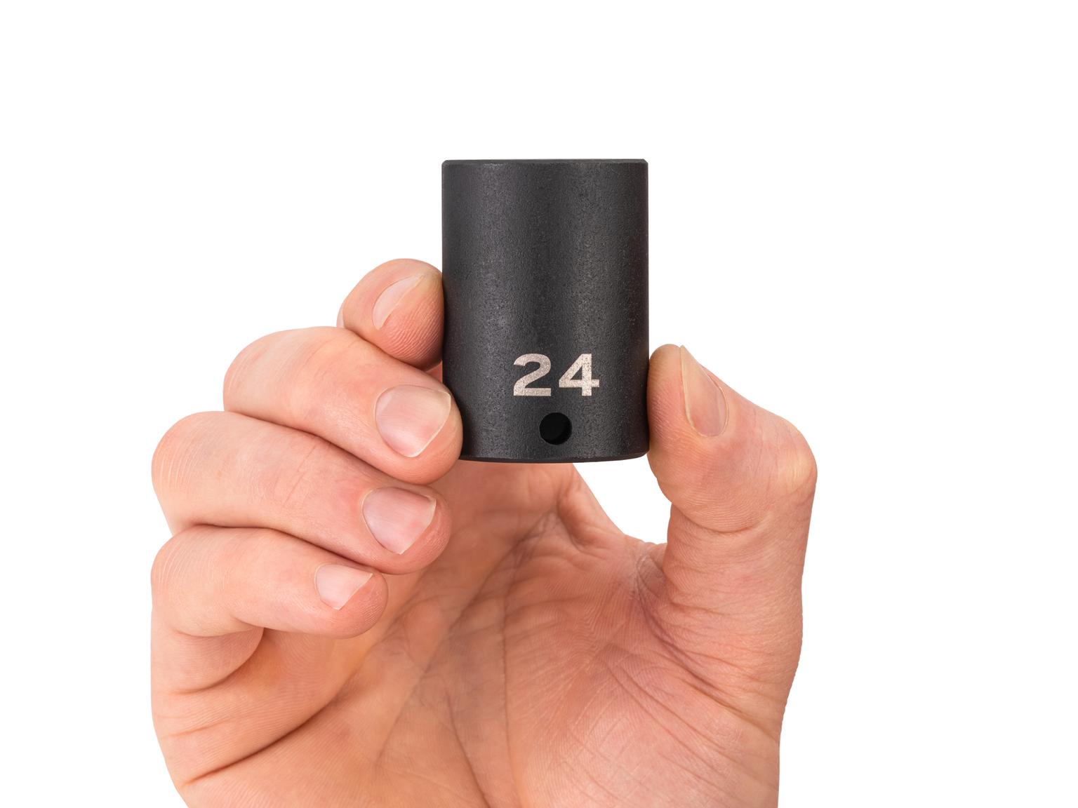 Person holding Tekton 24 millimeter impact drive 6-point socket. Item #SID14124
