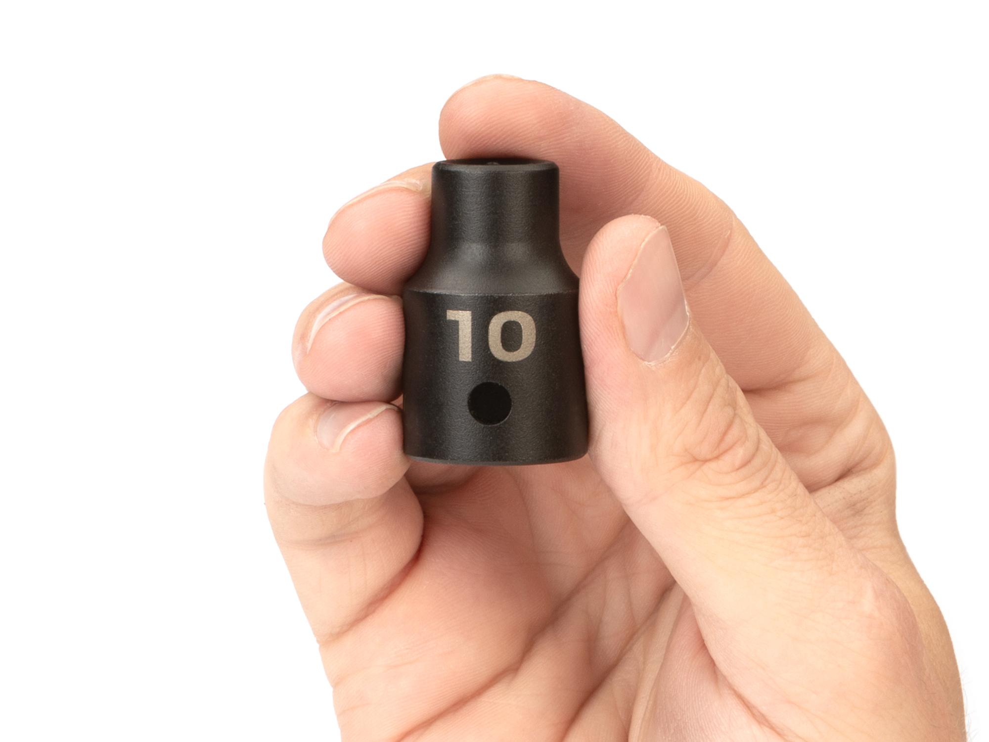 Person holding Tekton impact drive 6-point socket. Item #SID22110