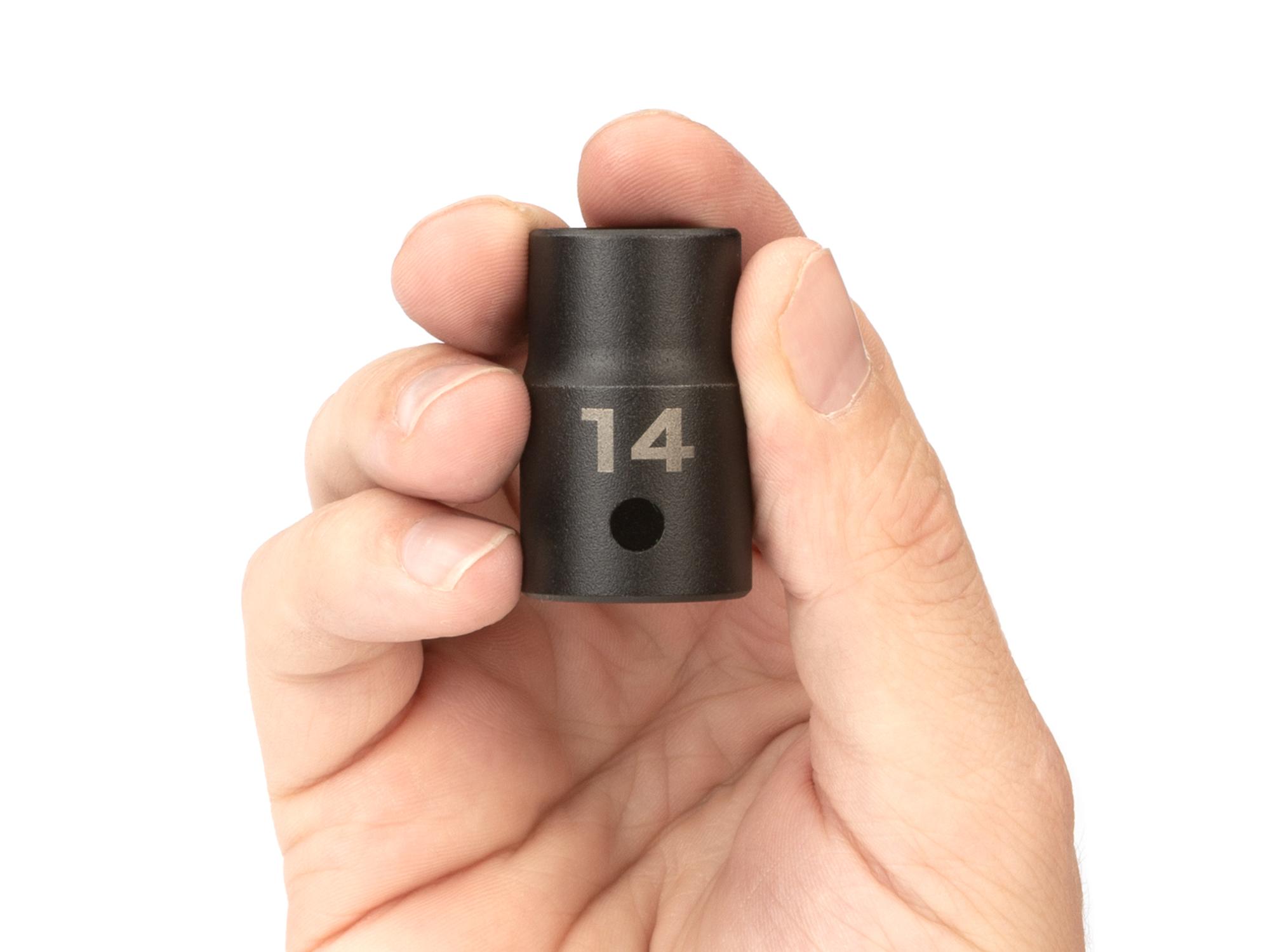 Person holding Tekton impact drive 6-point socket. Item #SID22114