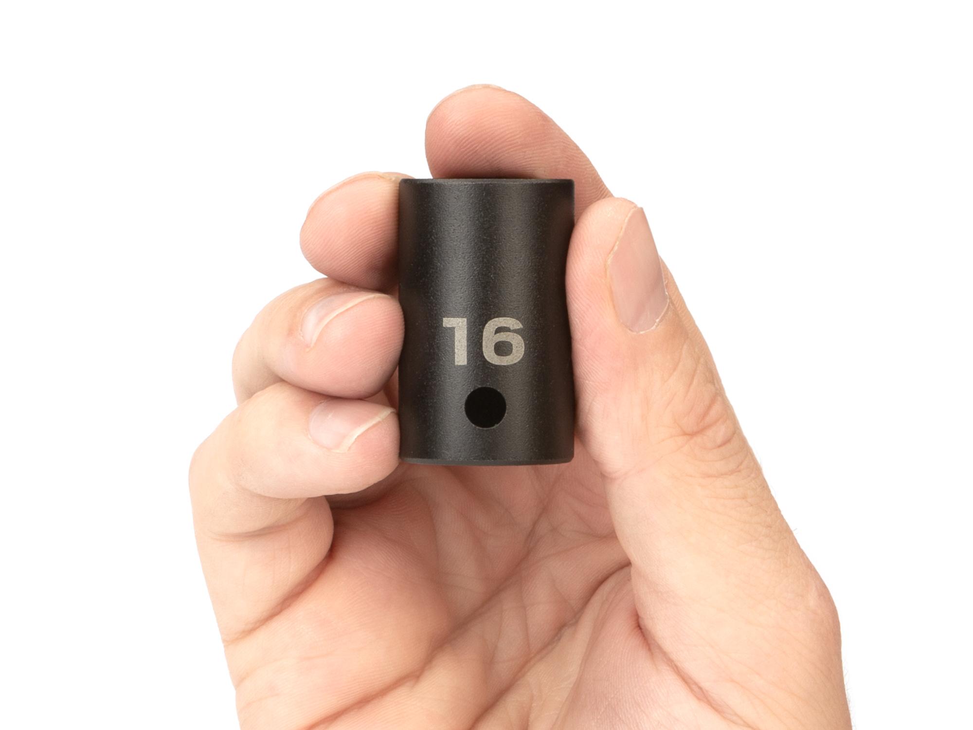 Person holding Tekton impact drive 6-point socket. Item #SID22116