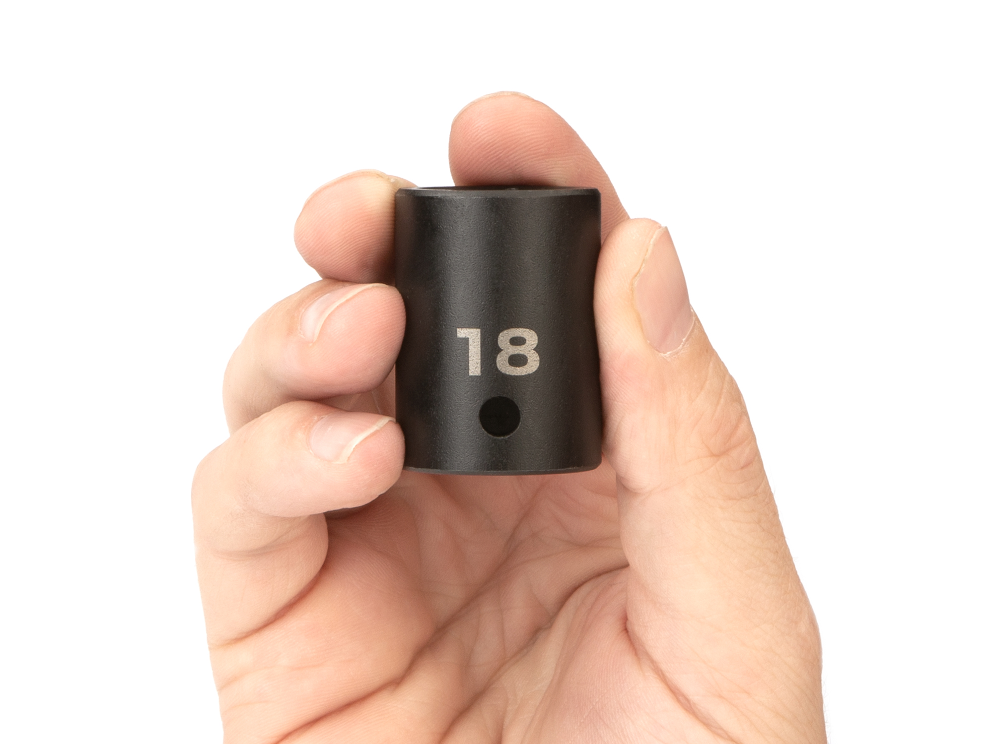 Size: 18 mm (Metric) 6-point standard/shallow impact socket. Has a high-visibility laser etched size marking and a permanent stamped size marking. SID22118.