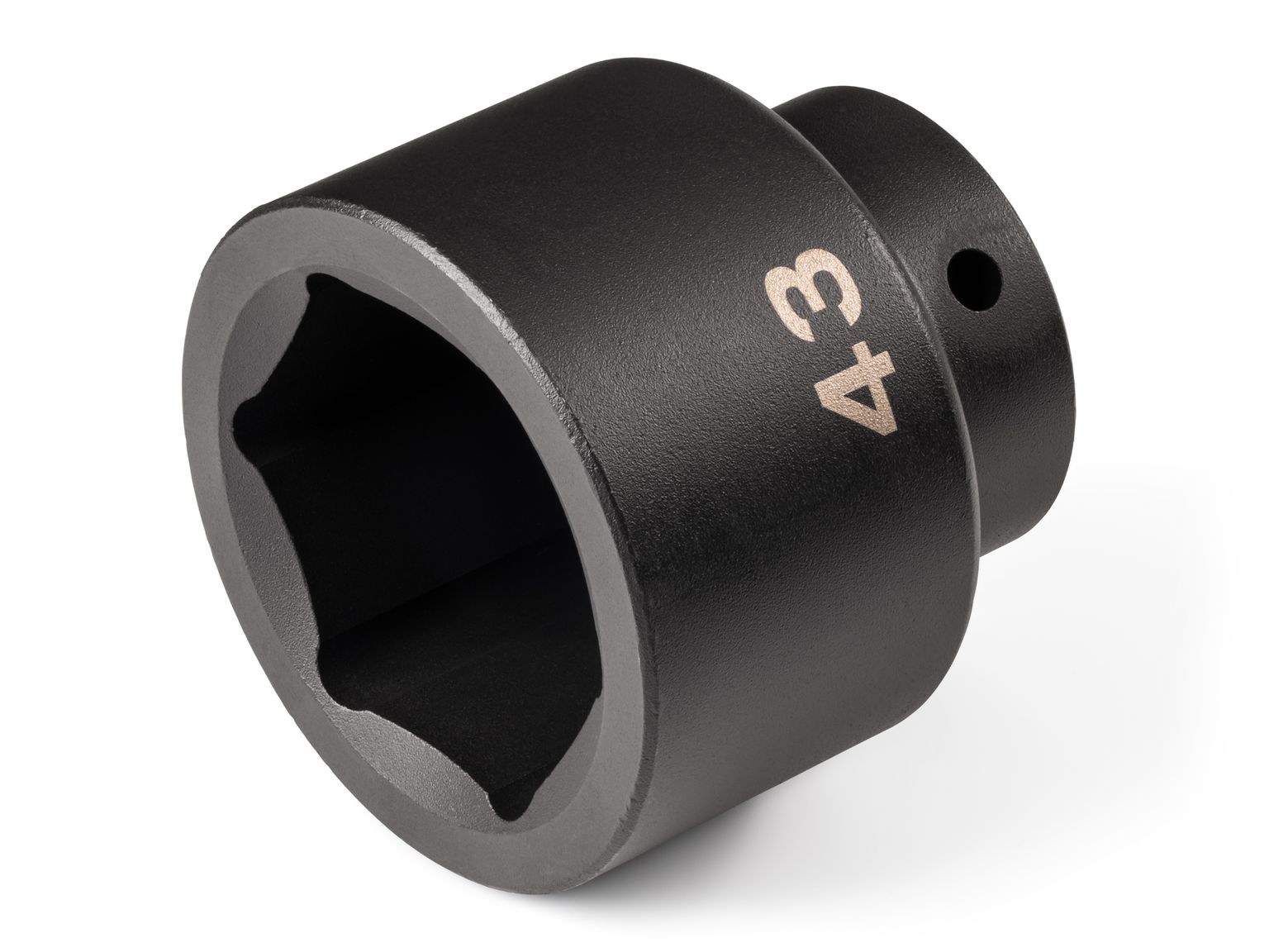 Front-right angle view of Tekton 43 millimeter impact drive 6-point socket. Item #SID22143