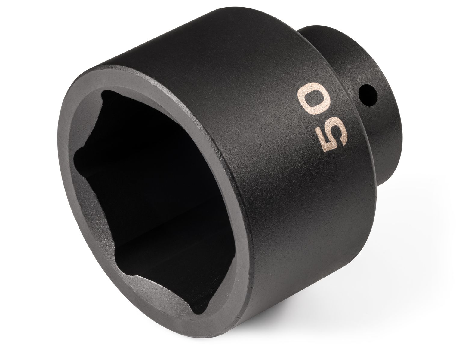 Front-right angle view of Tekton 50 millimeter impact drive 6-point socket. Item #SID22150
