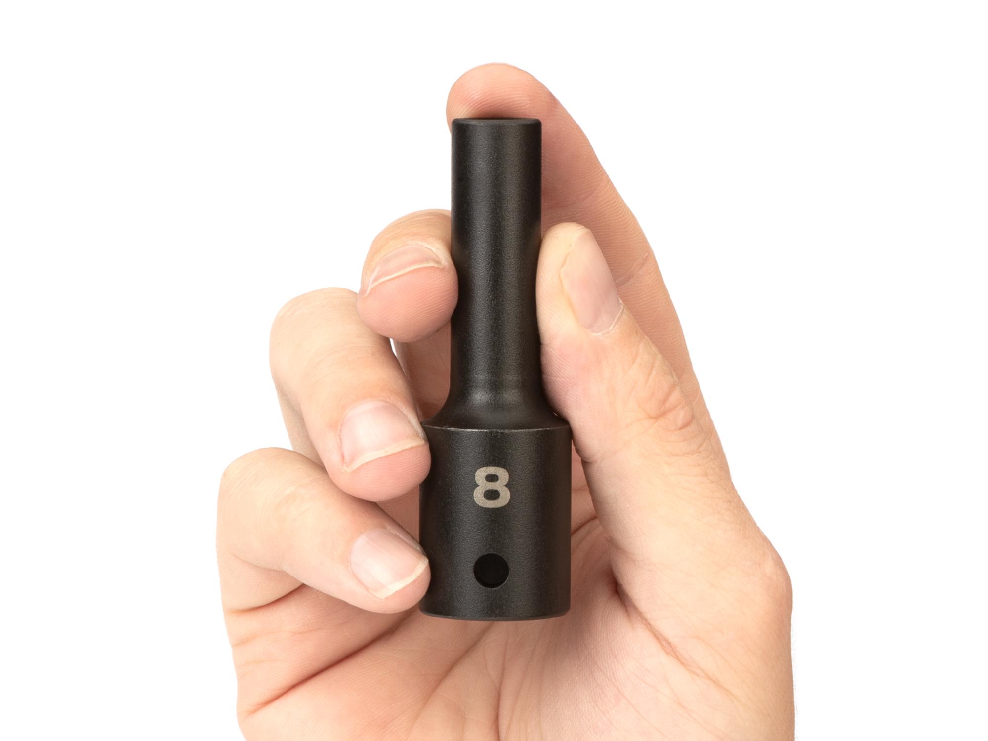 Person holding Tekton impact drive 6-point socket. Item #SID23108