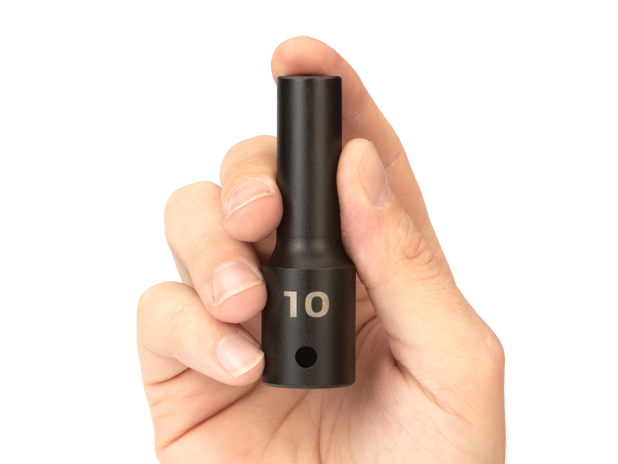 Person holding Tekton impact drive 6-point socket. Item #SID23110