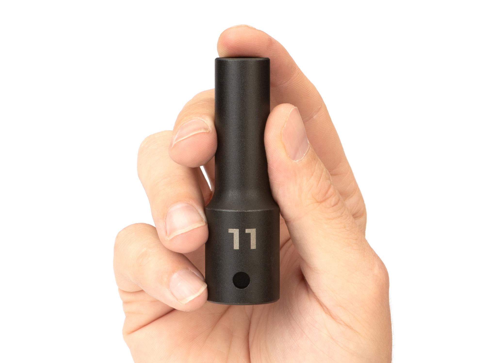 Person holding Tekton impact drive 6-point socket. Item #SID23111