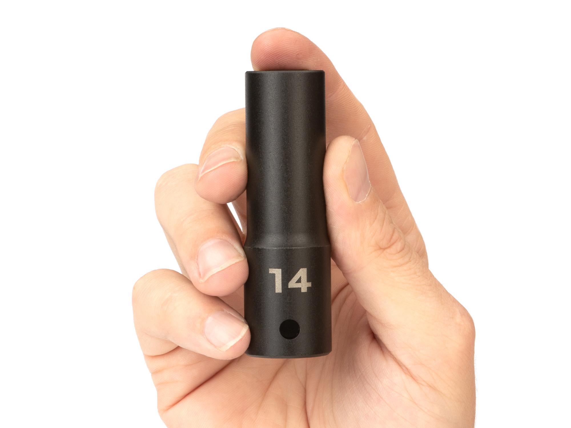 Person holding Tekton impact drive 6-point socket. Item #SID23114