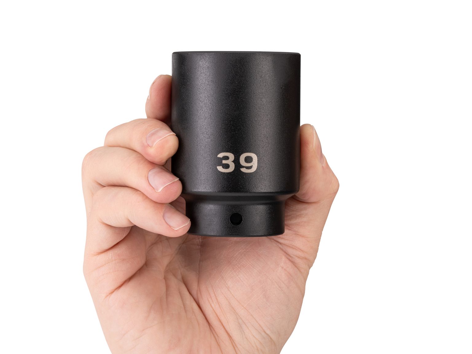 Person holding Tekton 39 millimeter impact drive 6-point socket. Item #SID23139