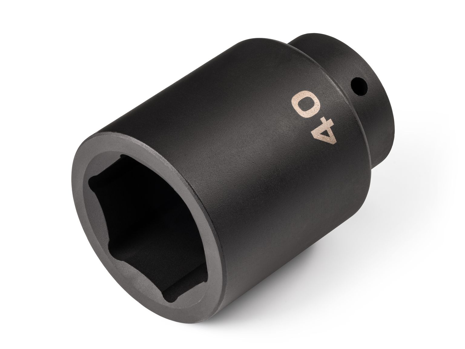 Front-right angle view of Tekton 40 millimeter impact drive 6-point socket. Item #SID23140