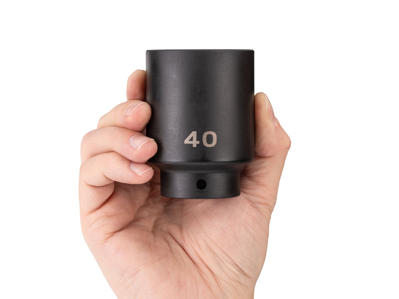 Person holding Tekton 40 millimeter impact drive 6-point socket. Item #SID23140