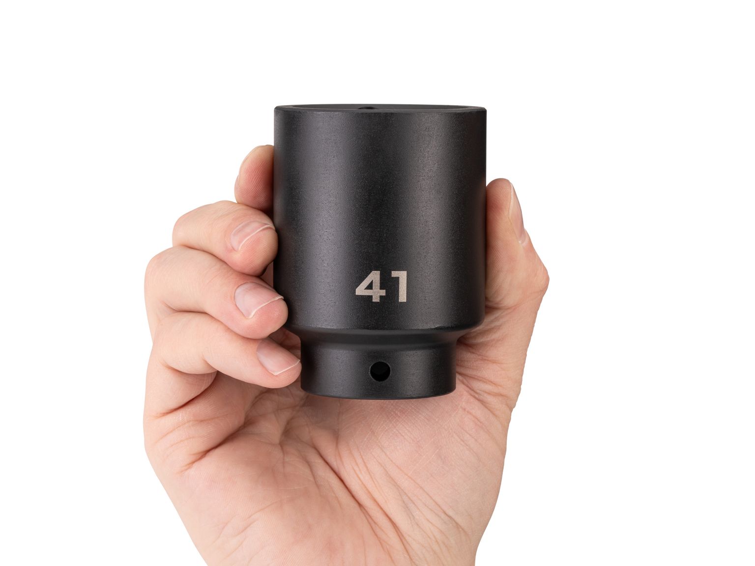 Person holding Tekton 41 millimeter impact drive 6-point socket. Item #SID23141