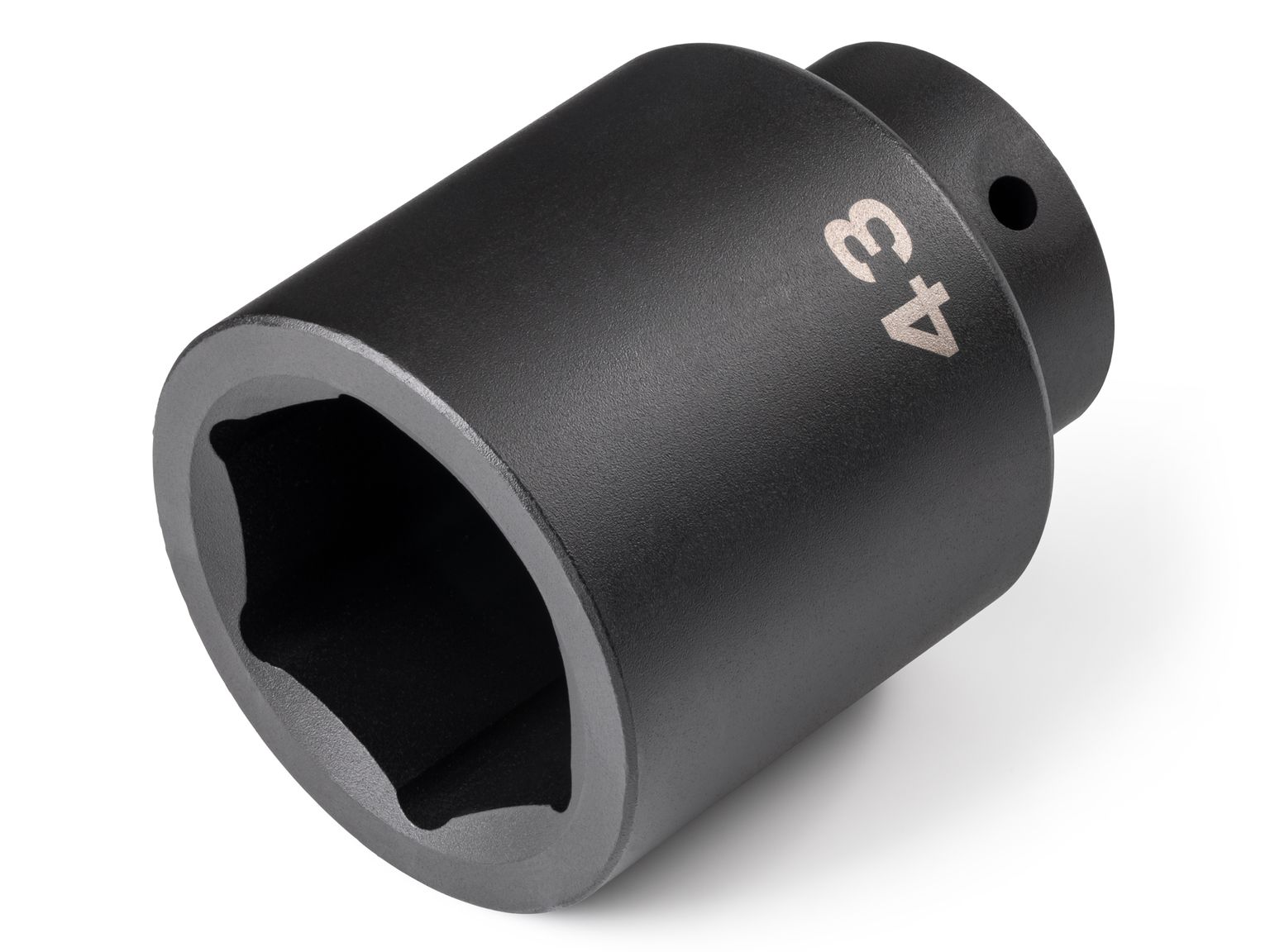 Front-right angle view of Tekton 43 millimeter impact drive 6-point socket. Item #SID23143