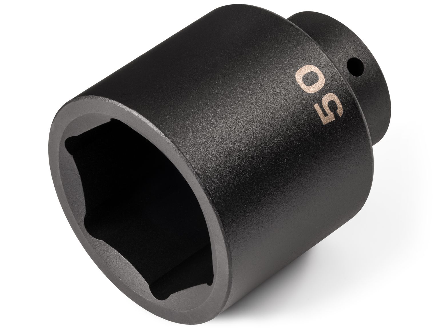 Front-right angle view of Tekton 50 millimeter impact drive 6-point socket. Item #SID23150