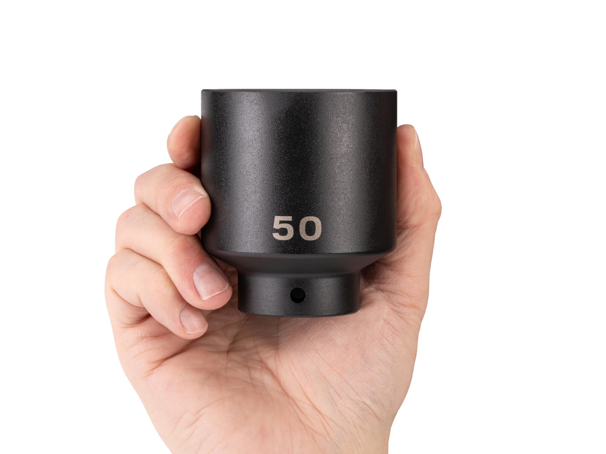 Person holding Tekton impact drive 6-point socket. Item #SID23150