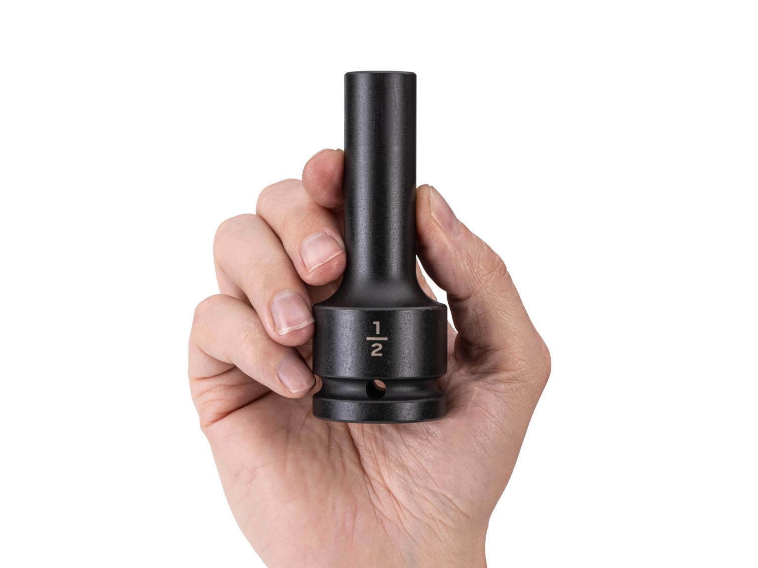 Person holding Tekton impact drive 6-point socket. Item #SID33013