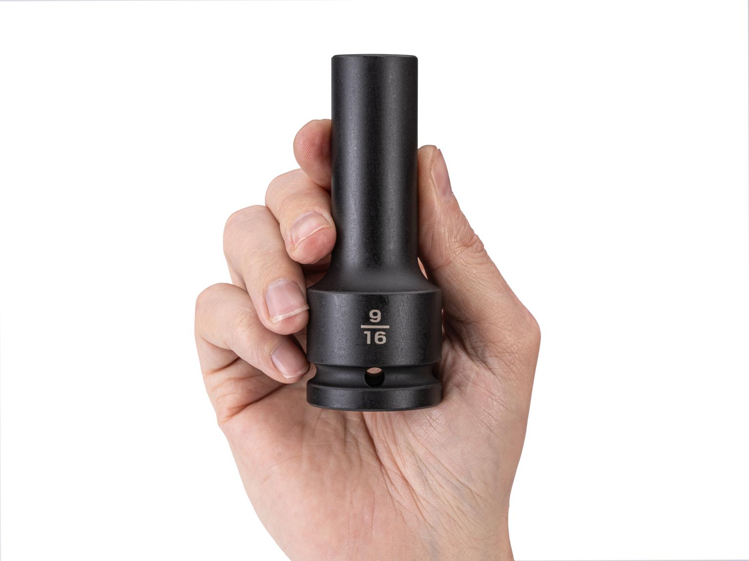 Person holding Tekton impact drive 6-point socket. Item #SID33014