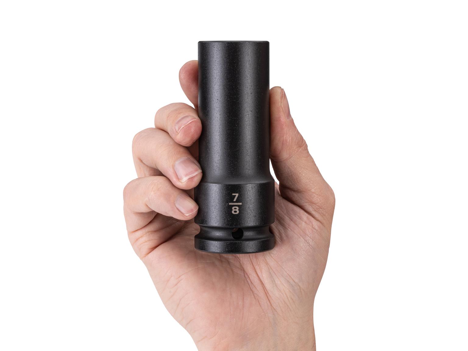 Person holding Tekton impact drive 6-point socket. Item #SID33022