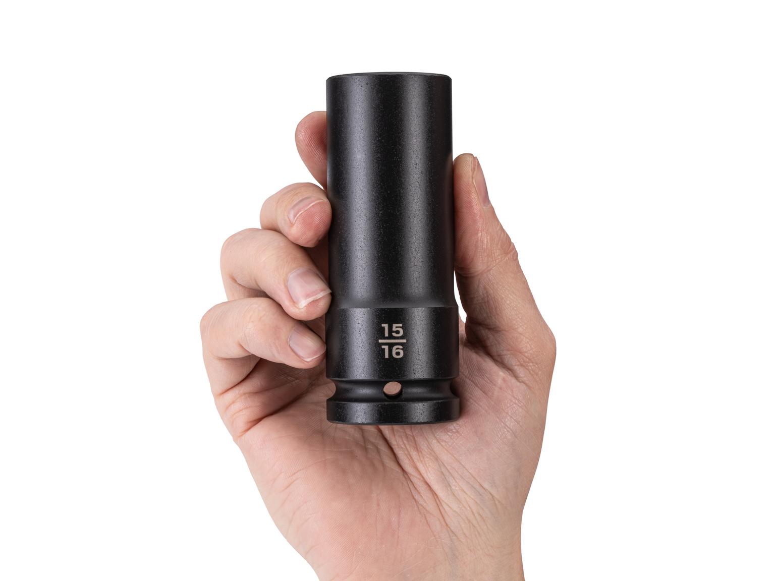 Person holding Tekton impact drive 6-point socket. Item #SID33024