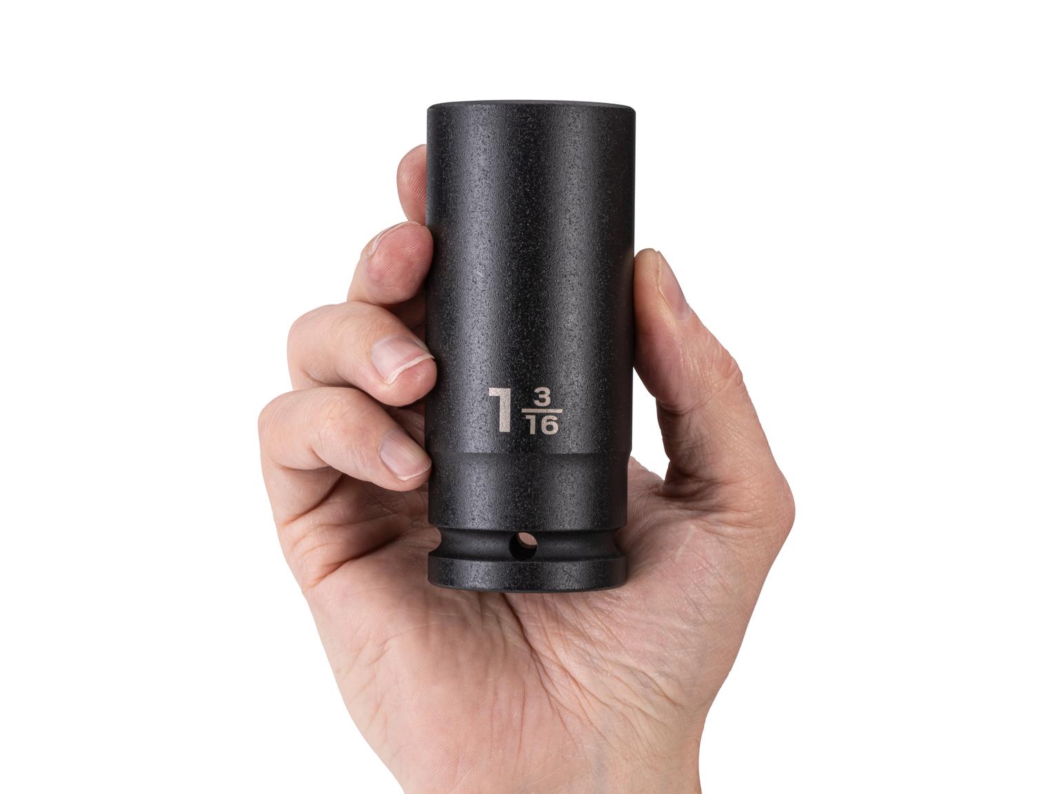 Person holding Tekton impact drive 6-point socket. Item #SID33030