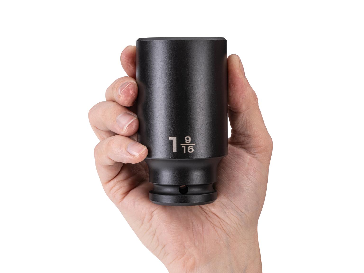 Person holding Tekton impact drive 6-point socket. Item #SID33040