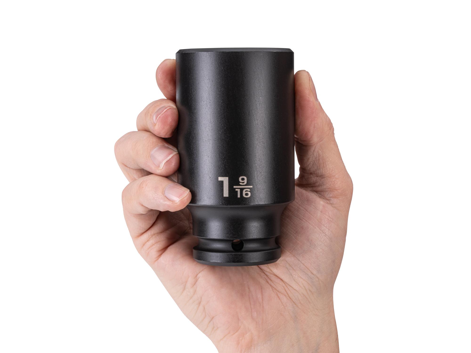 Person holding Tekton impact drive 6-point socket. Item #SID33040