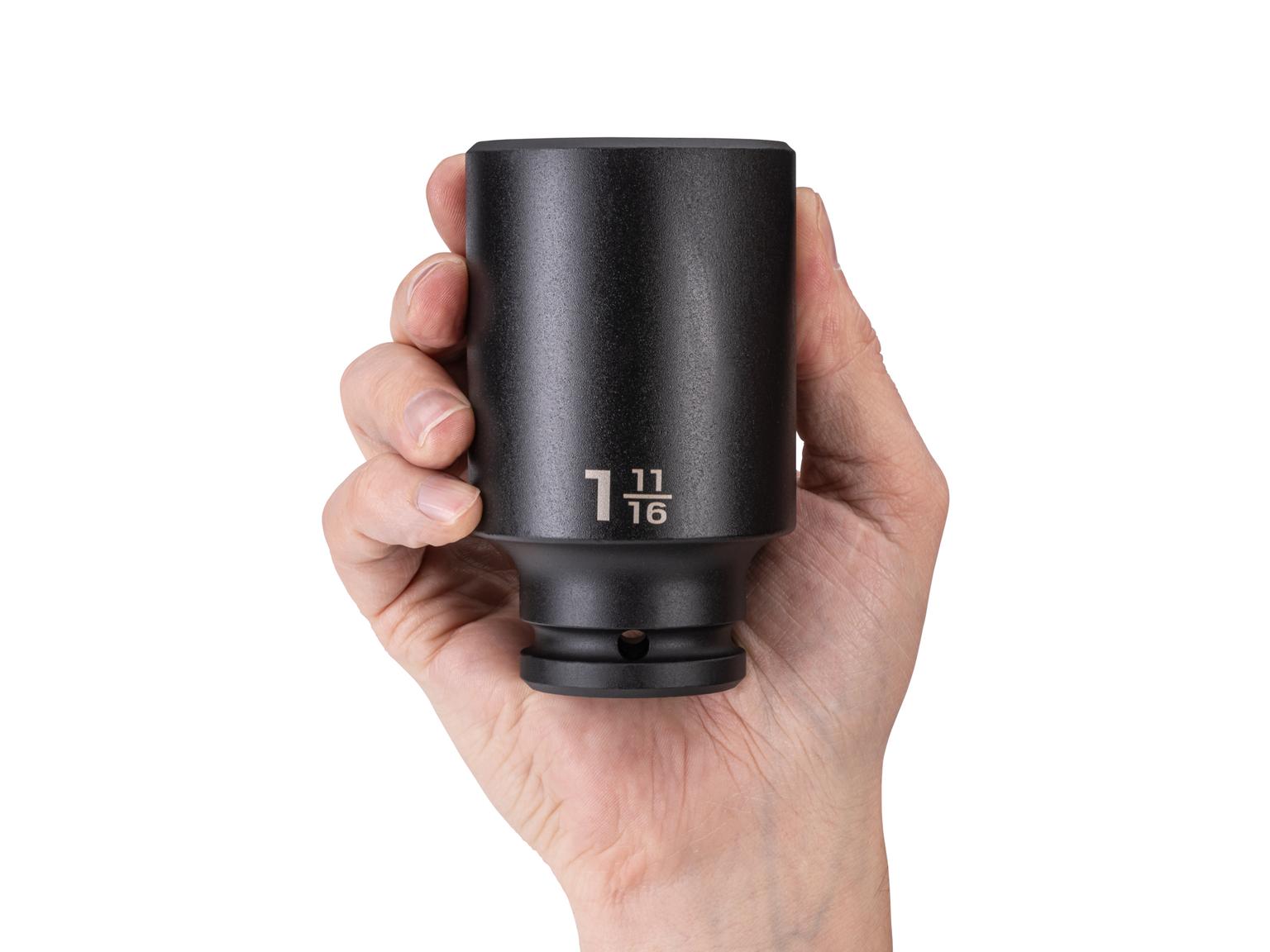 Person holding Tekton impact drive 6-point socket. Item #SID33043