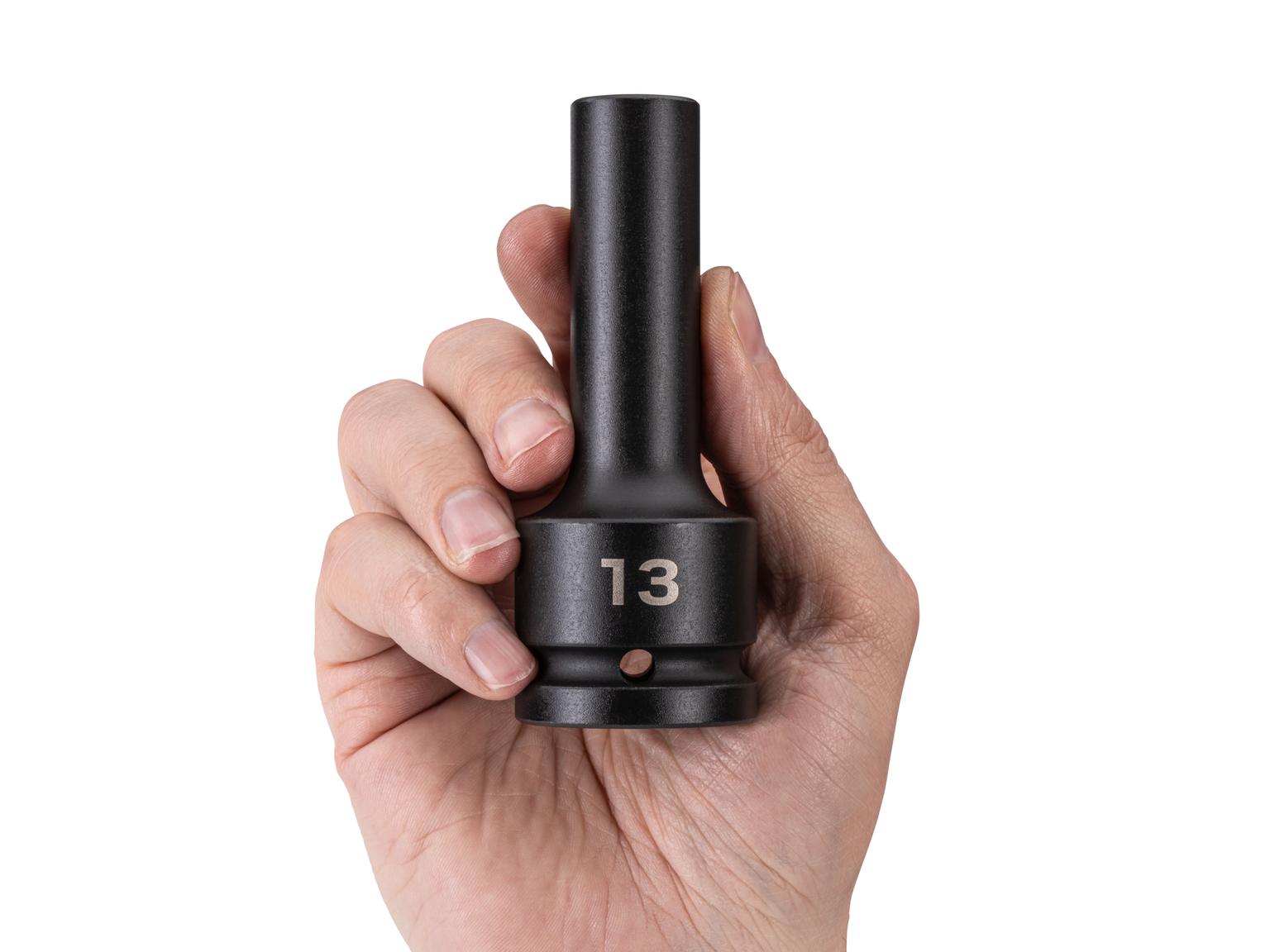 Person holding Tekton impact drive 6-point socket. Item #SID33113