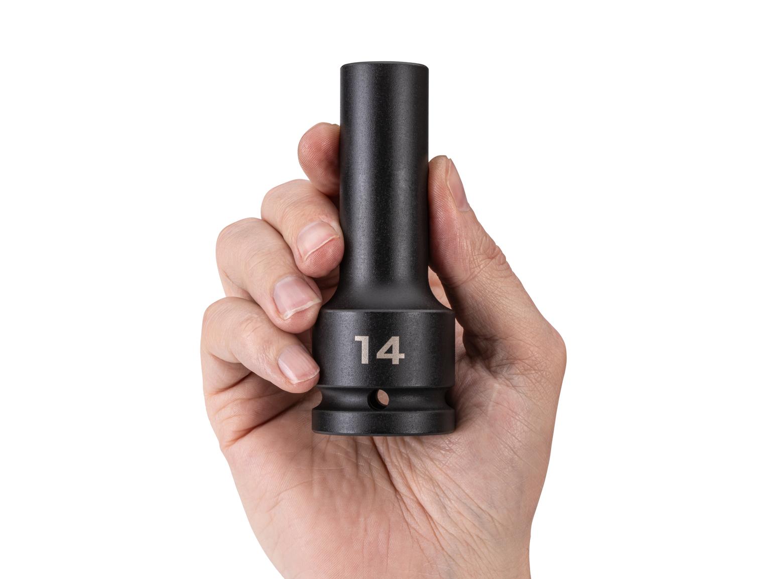 Person holding Tekton impact drive 6-point socket. Item #SID33114