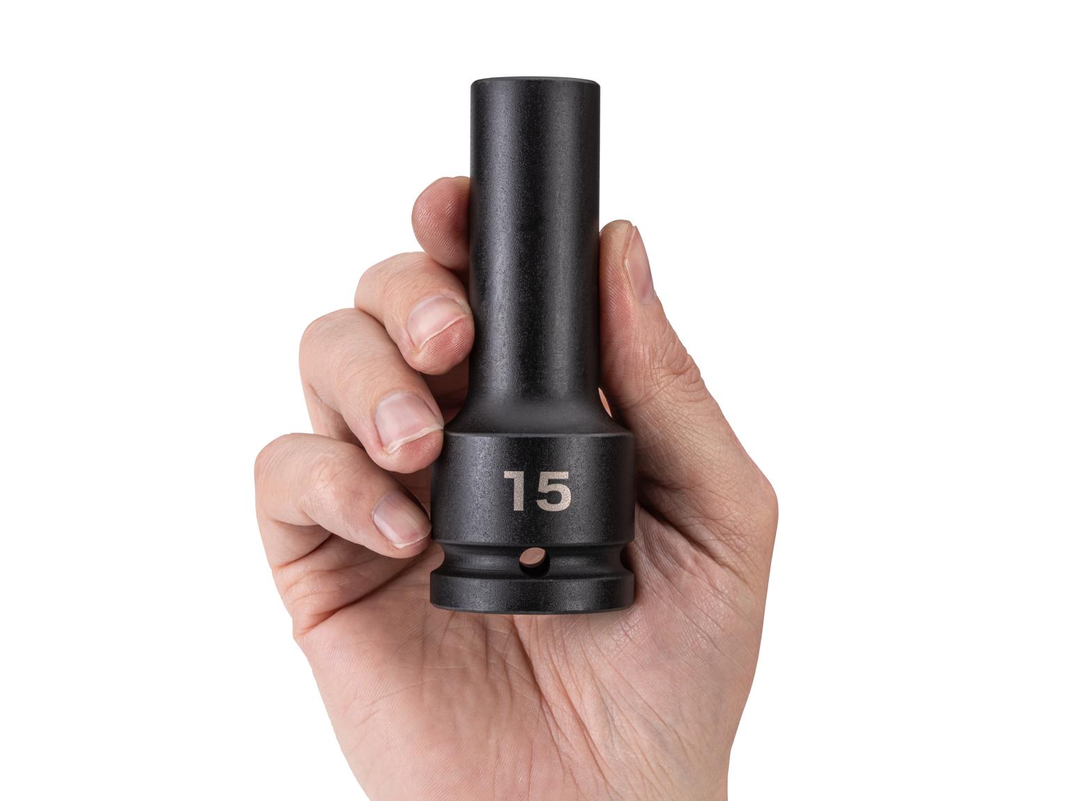 Person holding Tekton impact drive 6-point socket. Item #SID33115