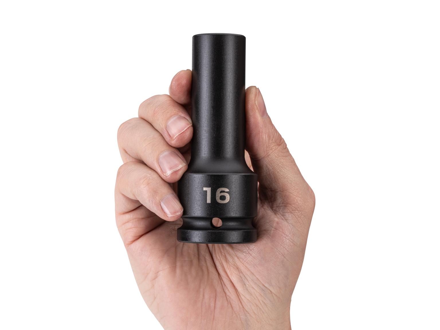 Person holding Tekton impact drive 6-point socket. Item #SID33116