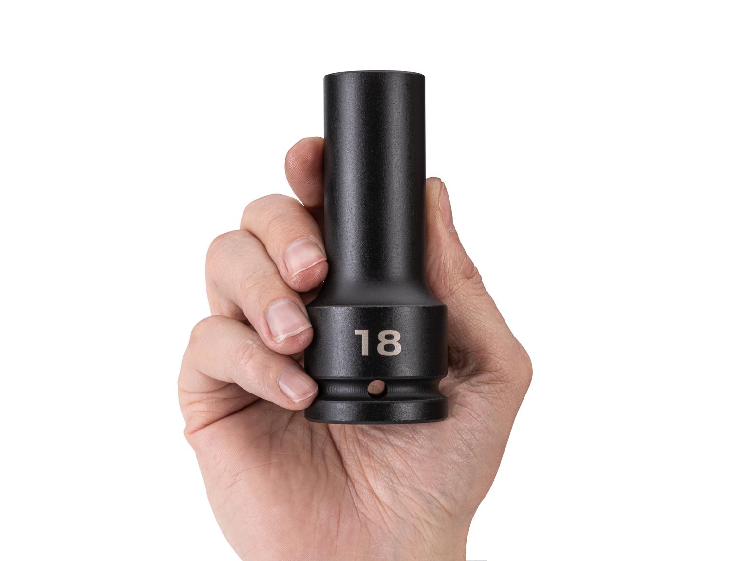 Person holding Tekton impact drive 6-point socket. Item #SID33118