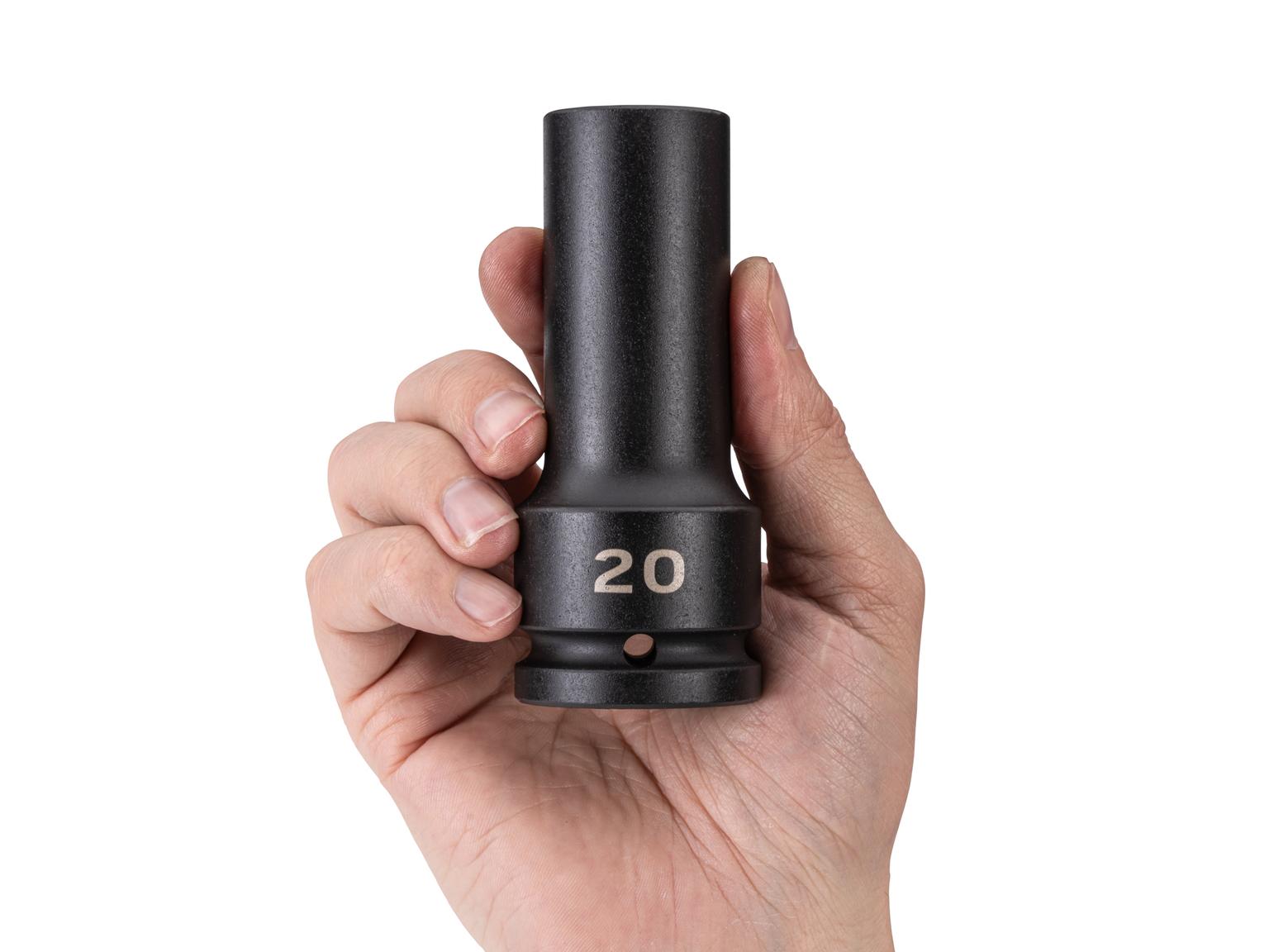 Person holding Tekton impact drive 6-point socket. Item #SID33120