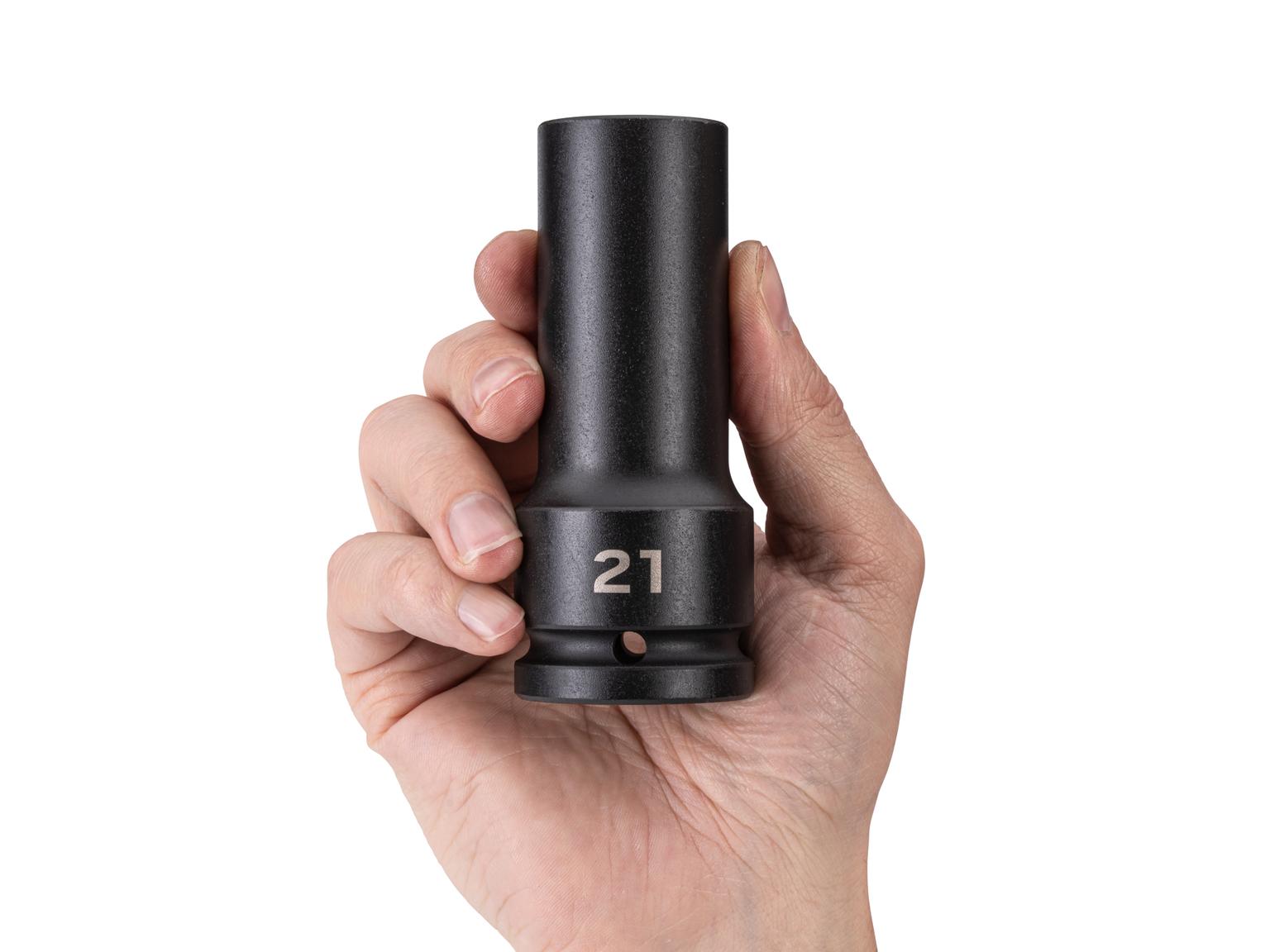 Person holding Tekton impact drive 6-point socket. Item #SID33121