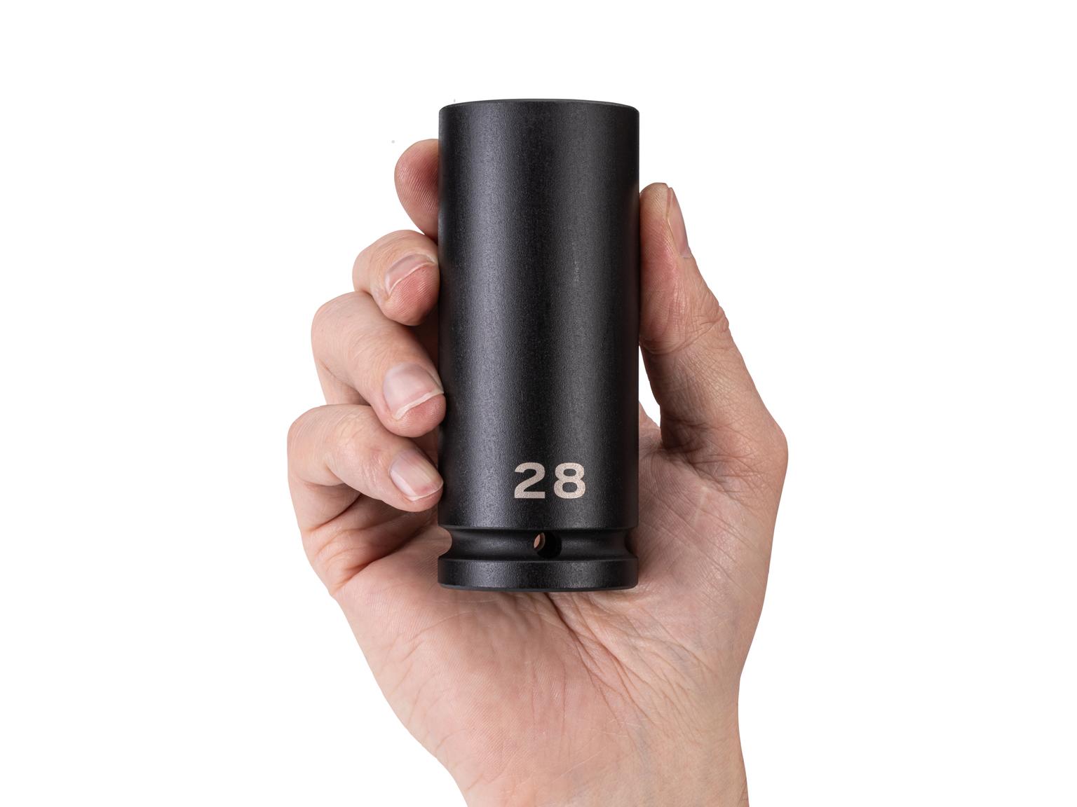 Person holding Tekton impact drive 6-point socket. Item #SID33128