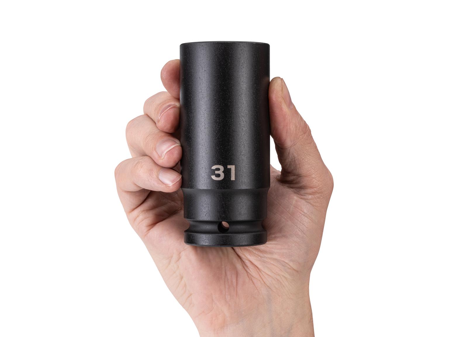 Person holding Tekton impact drive 6-point socket. Item #SID33131