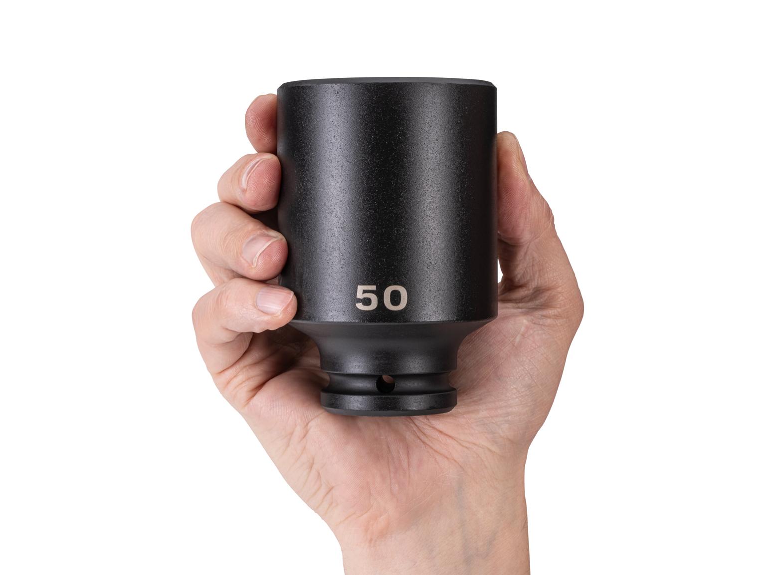 Person holding Tekton impact drive 6-point socket. Item #SID33150