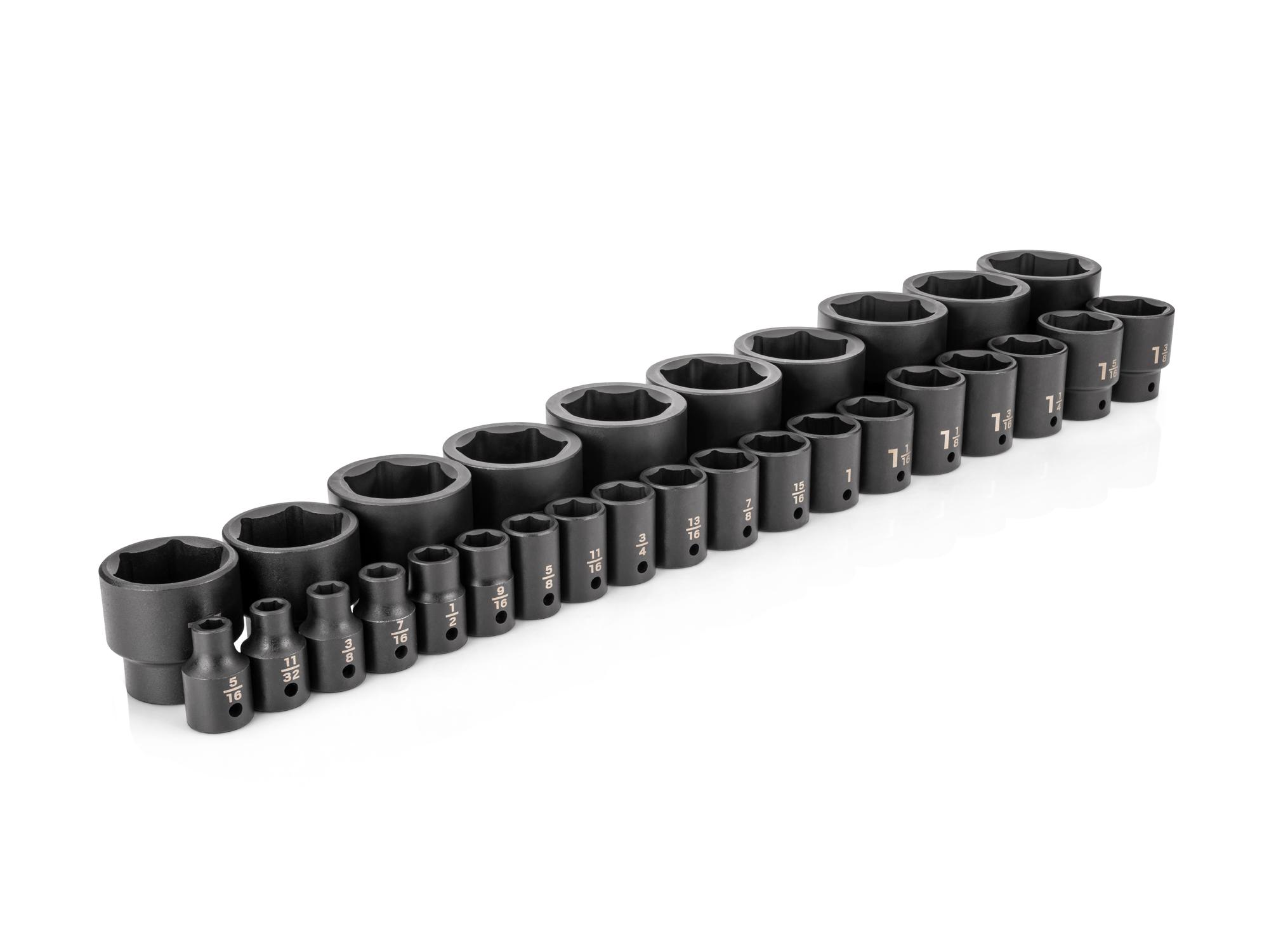 Front-right angle view of Tekton impact drive 6-point socket set. Item #SID92006