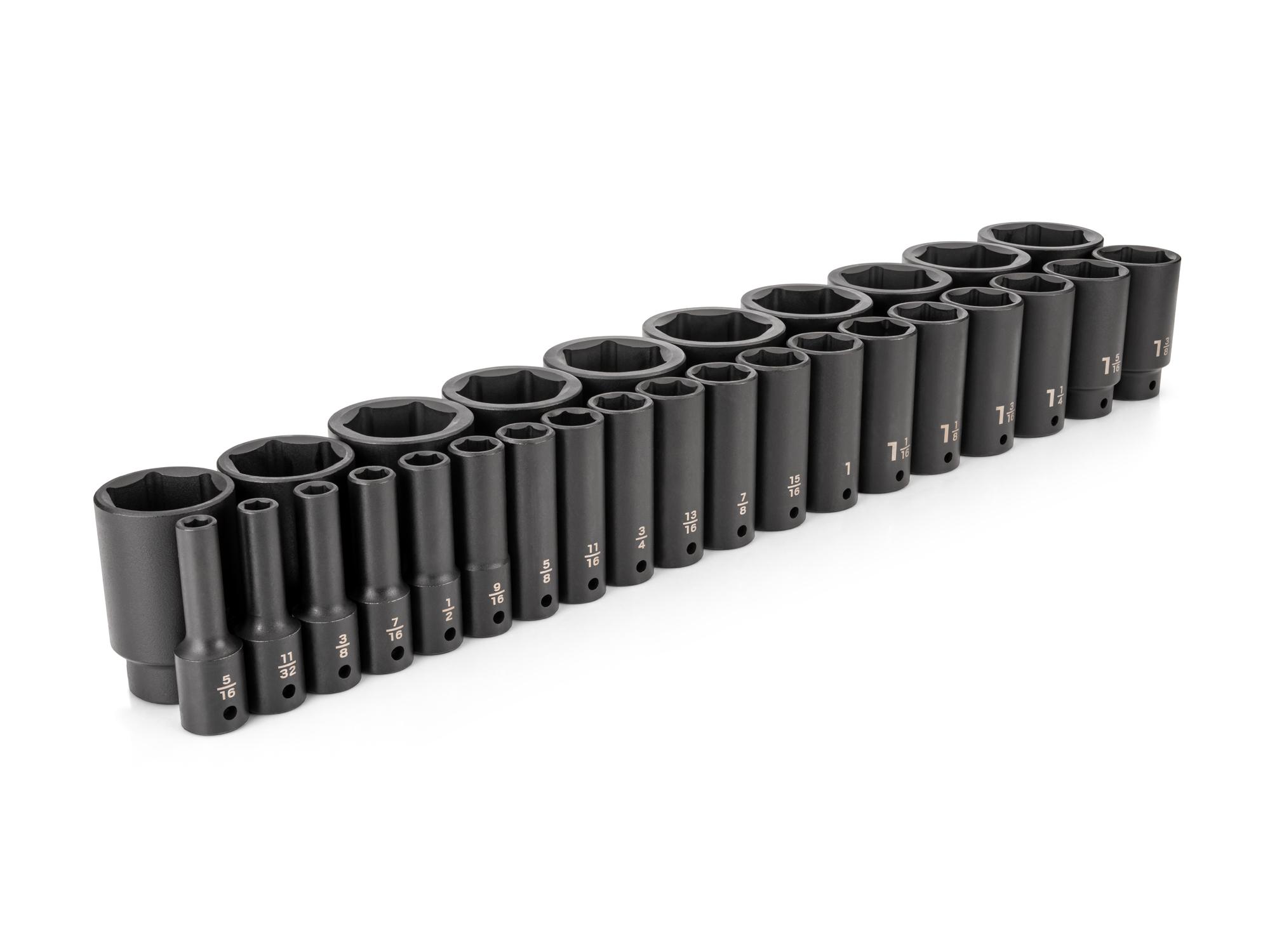 Front-right angle view of Tekton impact drive 6-point socket set. Item #SID92007