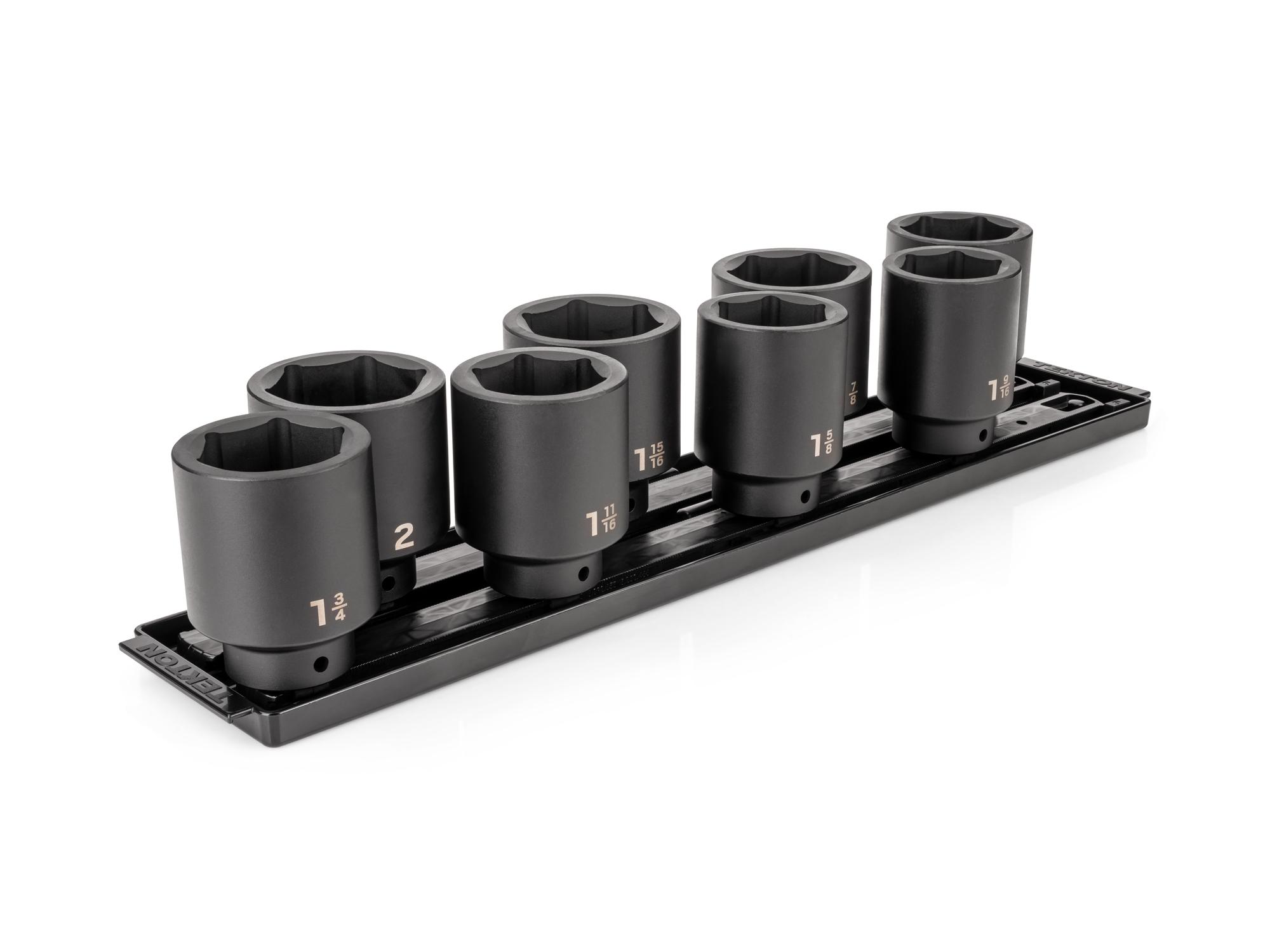 Front-right angle view of Tekton rail and tray impact drive 6-point socket set. Item #SID92107