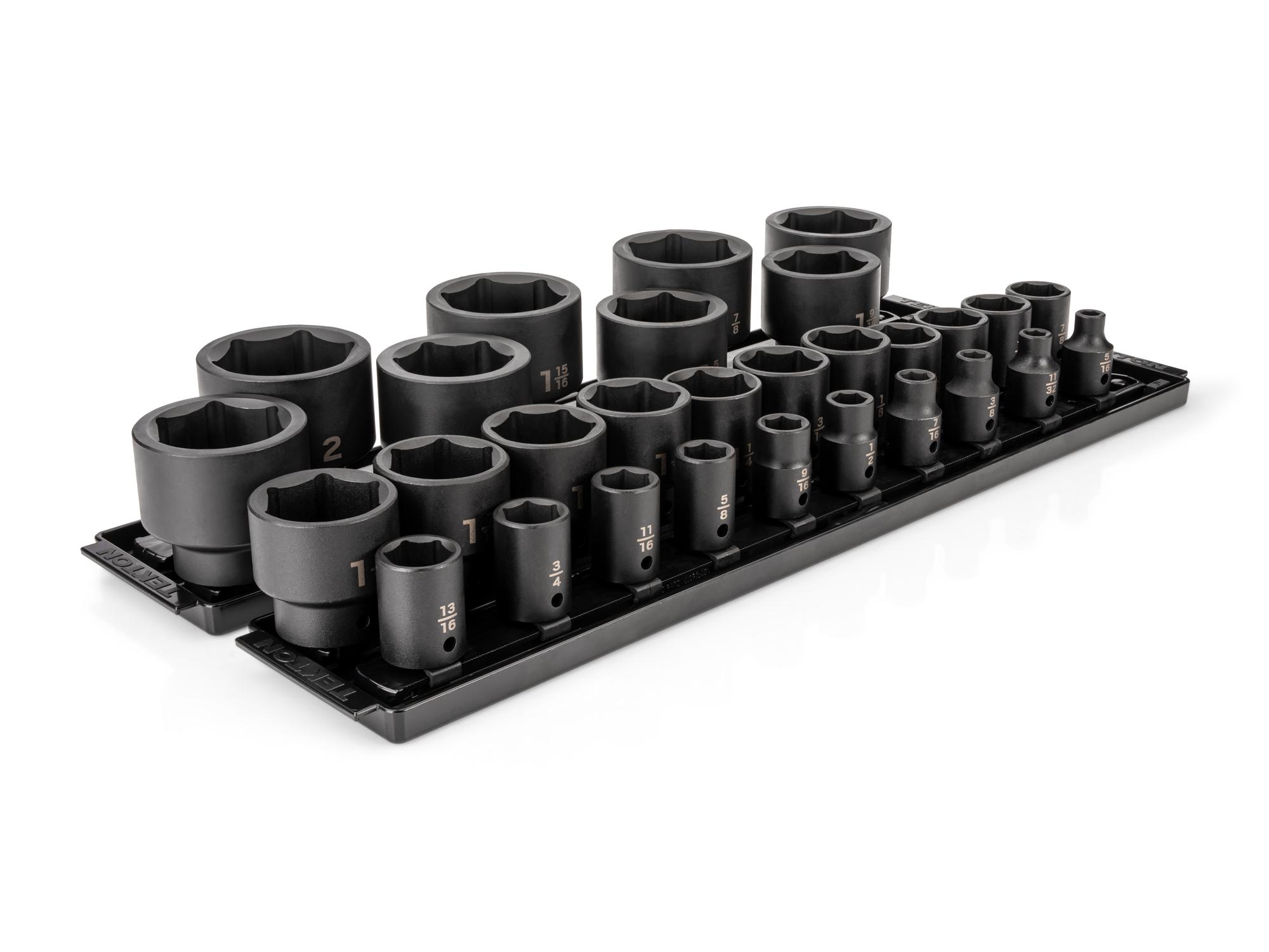 Front-right angle view of Tekton rail and tray impact drive 6-point socket set. Item #SID92108