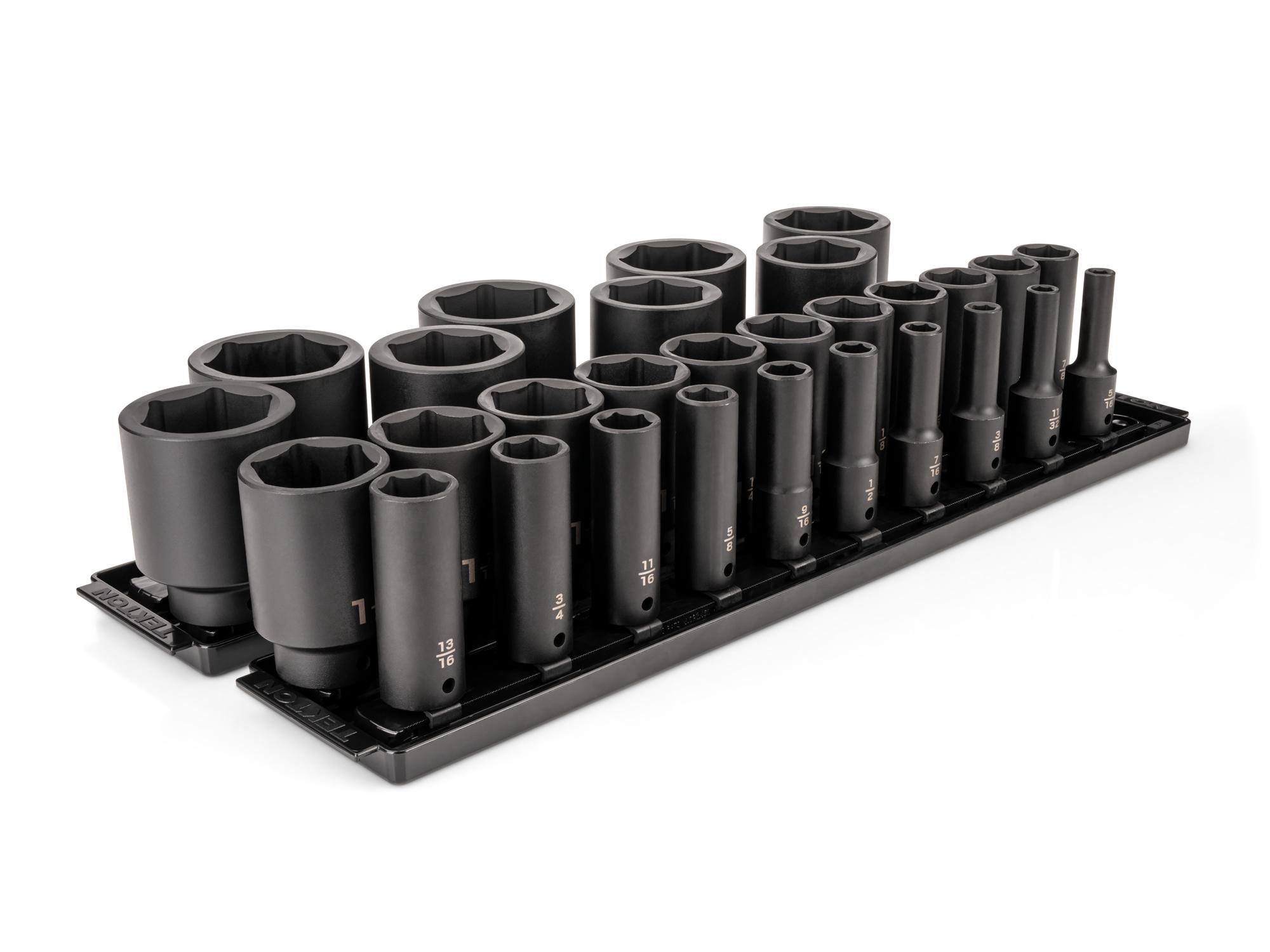 Front-right angle view of Tekton rail impact drive 6-point socket set. Item #SID92109
