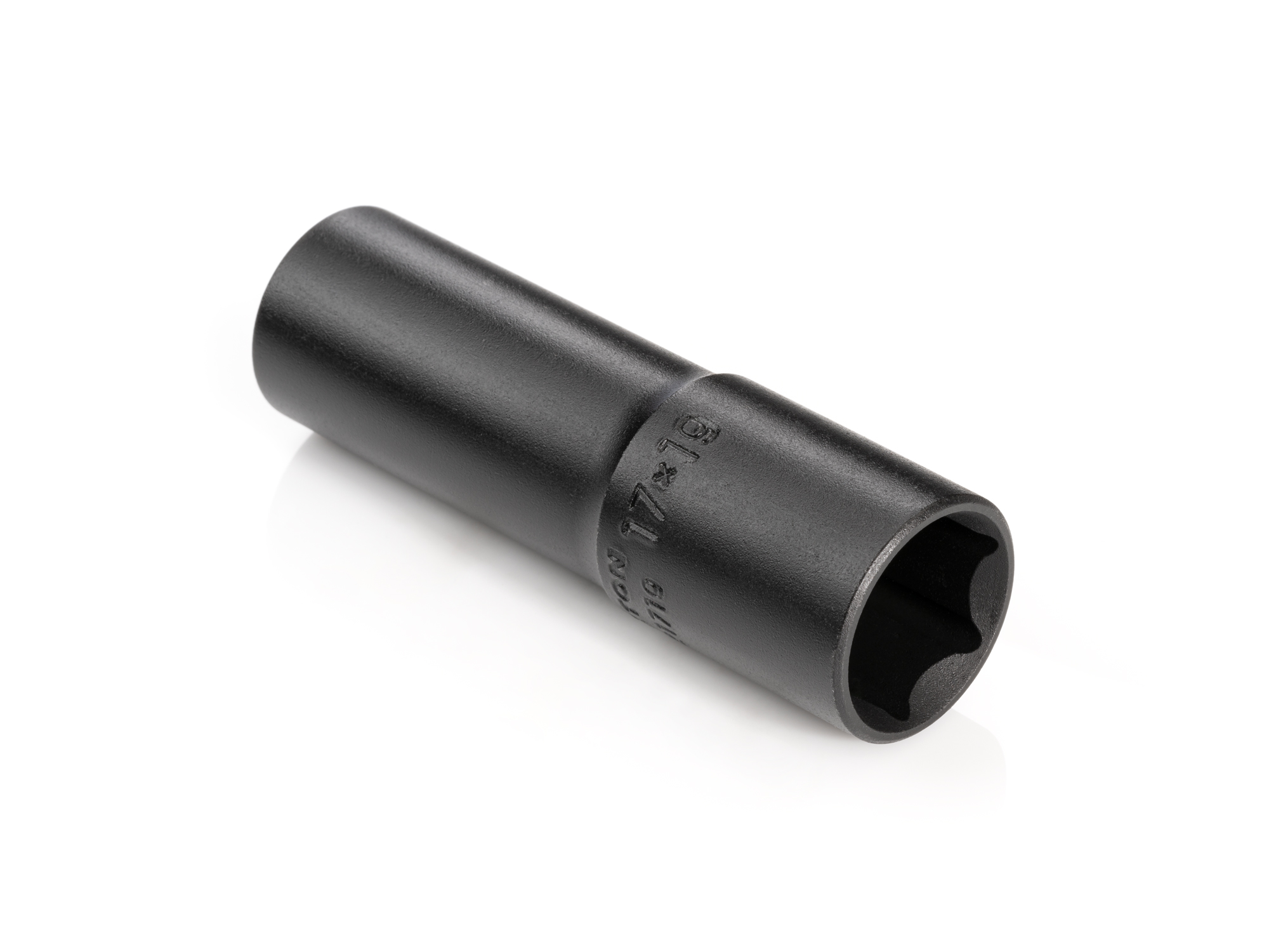 1/2 inch drive 17 x 19 mm thin wall impact flip socket. Ideal for lug nuts. Socket has both a high-visibility laser marking and a permanent stamped marking.