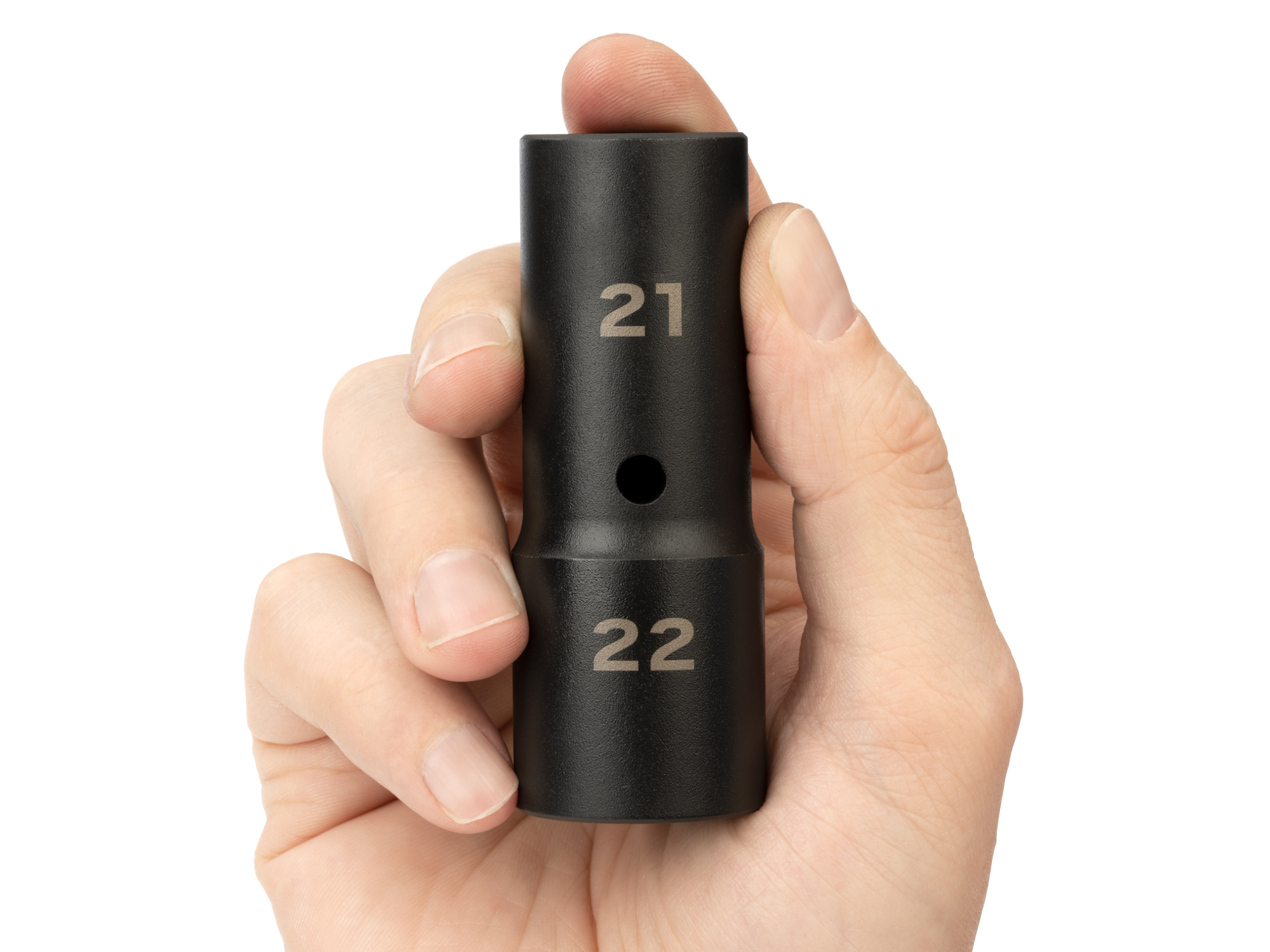 1/2 inch drive 21 x 22 mm thin wall impact flip socket. Ideal for lug nuts. Socket has both a high-visibility laser marking and a permanent stamped marking.