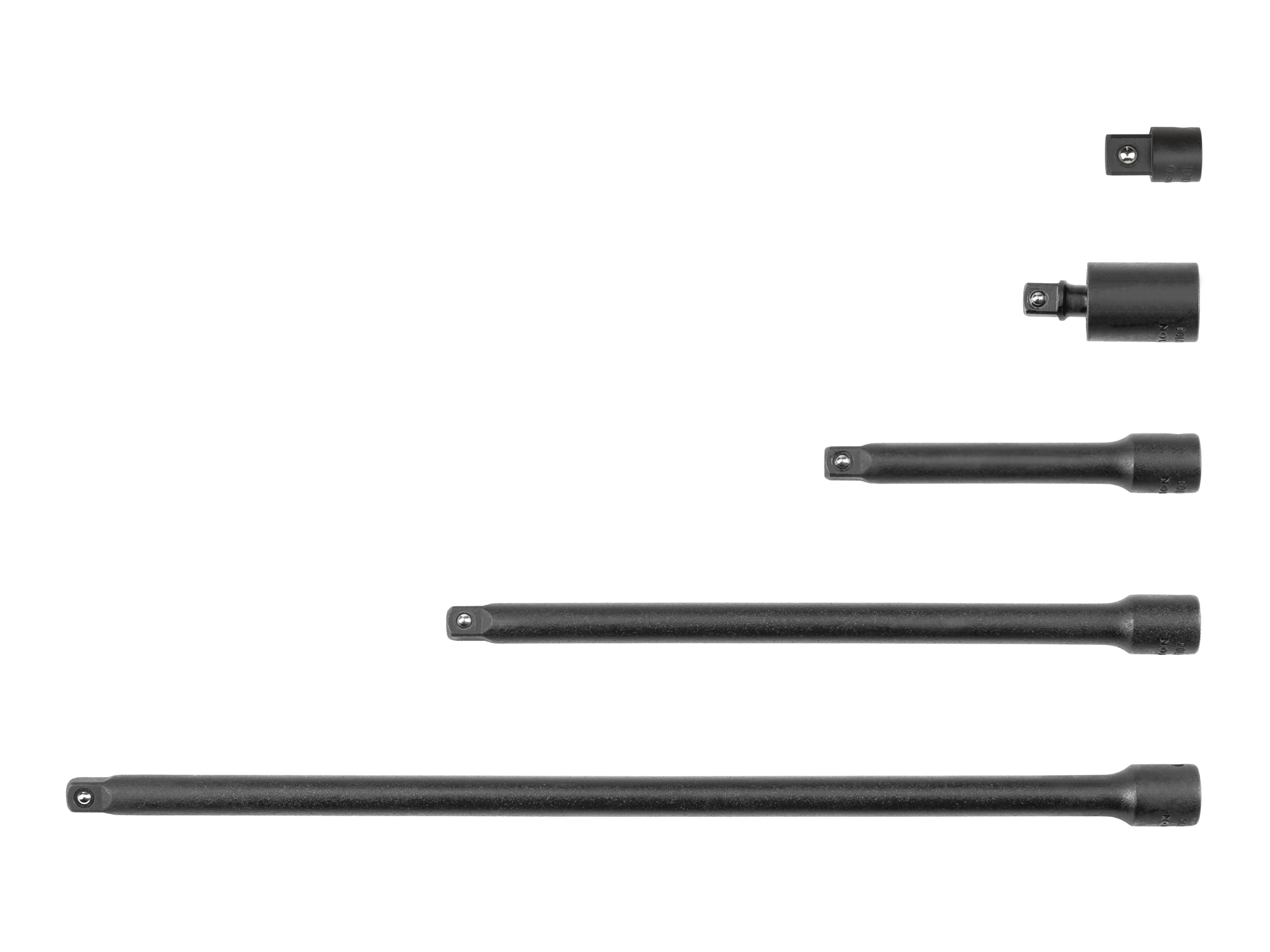 5-piece set includes 3 inch, 6 inch, and 9 inch impact extensions, impact universal joint, and a 1/4 inch drive (F) x 3/8 inch (M) impact adapter. SIA90001.