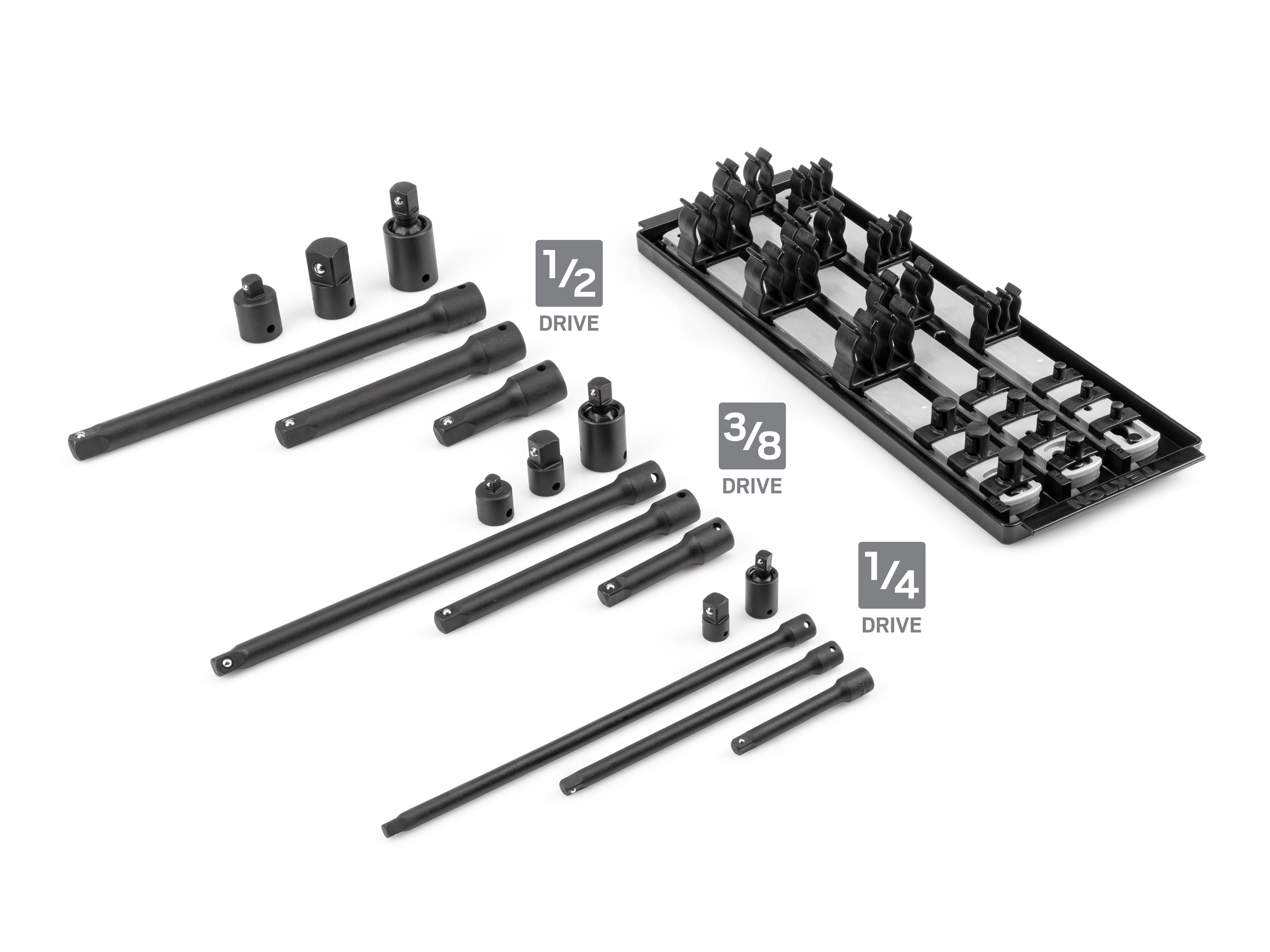 TEKTON 1/4, 3/8, 1/2 Inch Drive Impact Extension and Accessory Set with Rail (17-Piece)