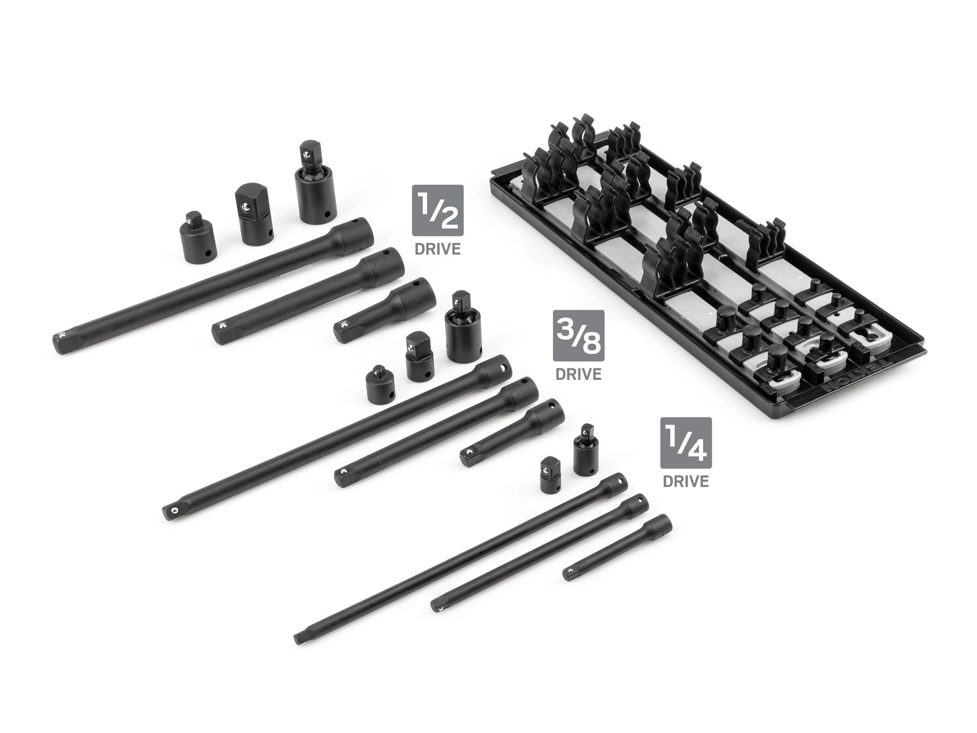 Laid out contents of Tekton 14.7 impact drive accessory set. Item #SIA99201