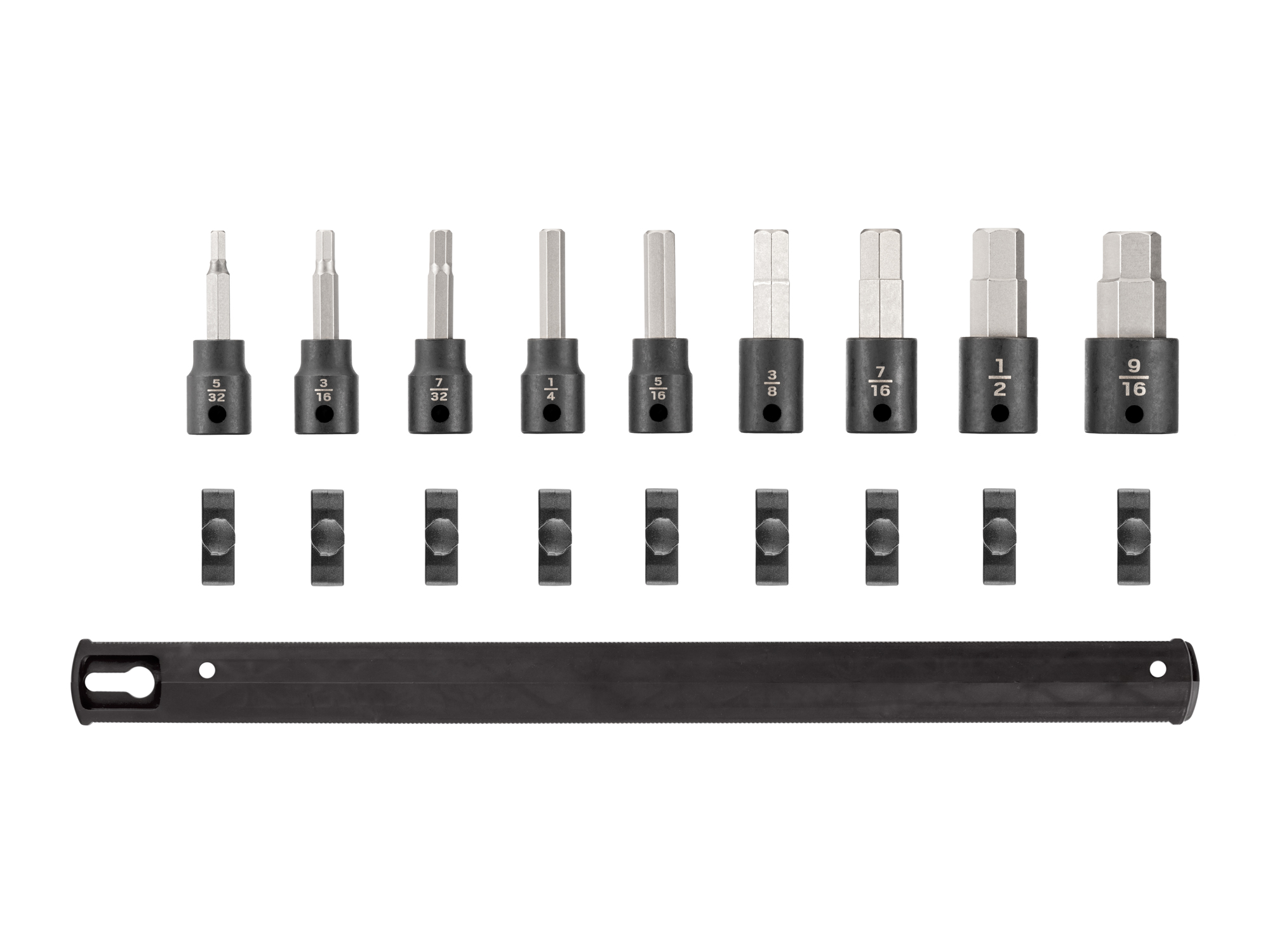 Set includes 5/32–9/16 inch (SAE) 3/8 inch drive hex impact bit sockets with rail organization. SIB91101.