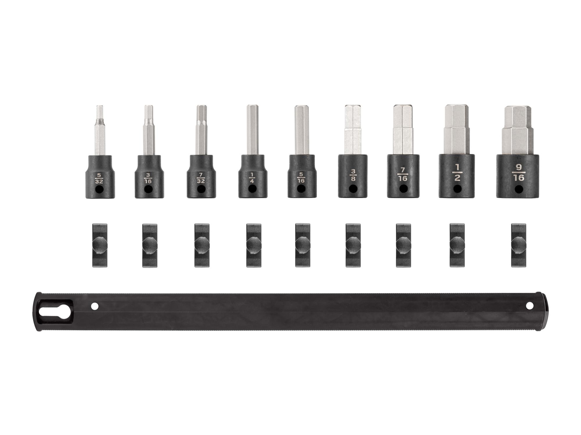 Laid out contents of Tekton rail impact drive bit socket set. Item #SIB91101